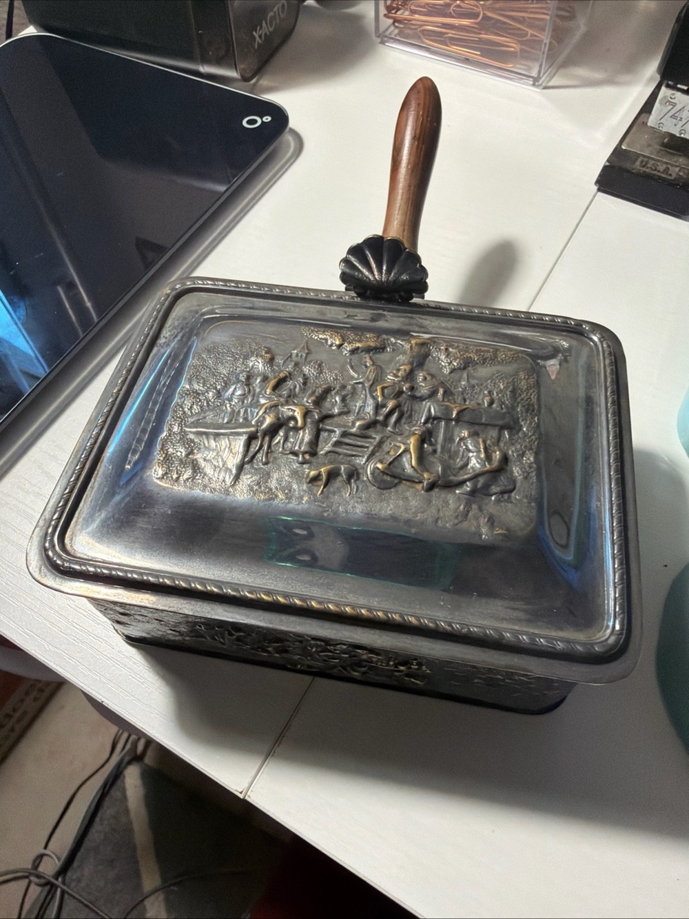 Embossed Metal Serving Pan with Wooden Handle - Silver Finish for cigarette butt